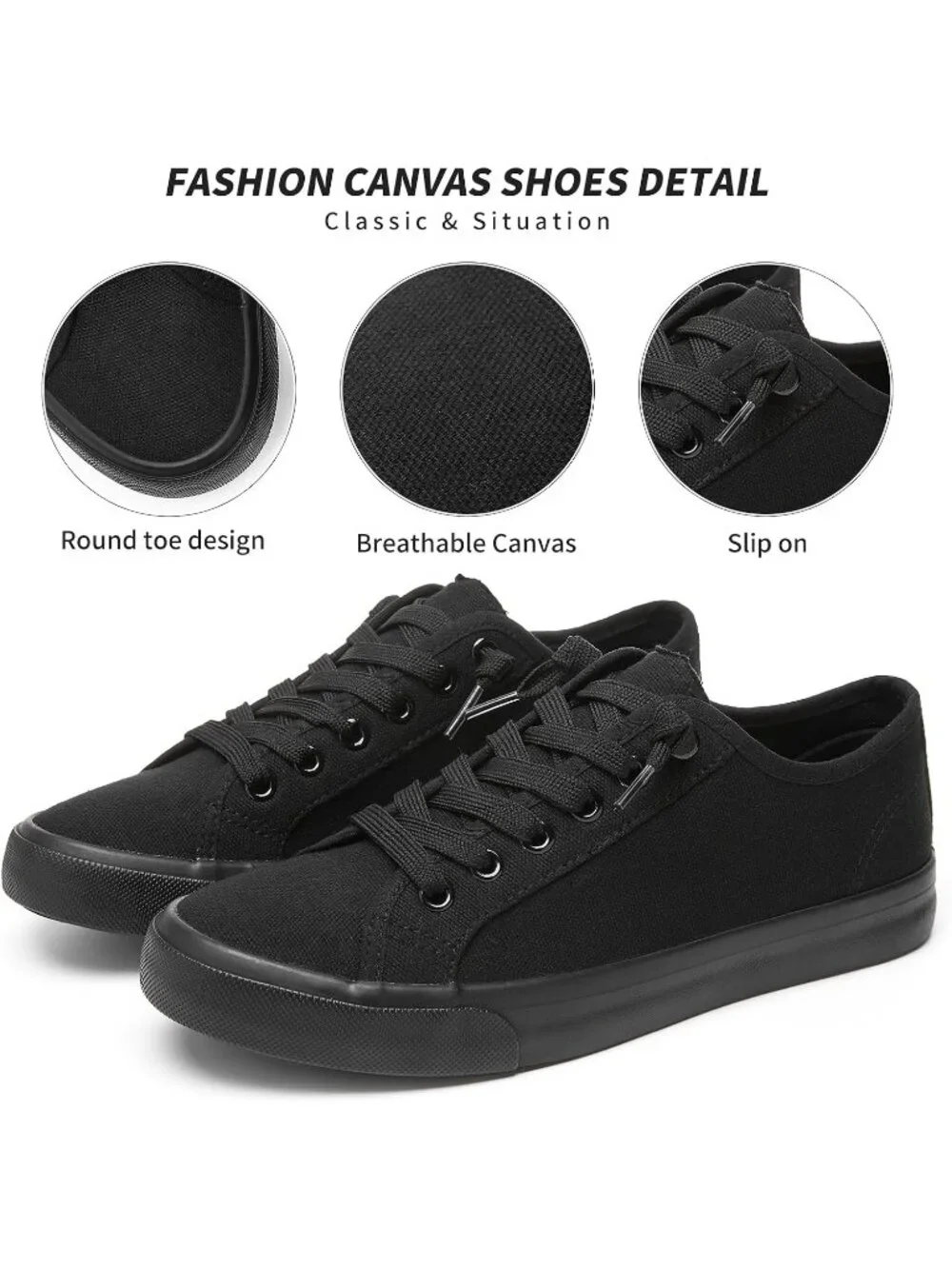 Women All Black Low Top Lace Up Canvas Solid Slip On Casual Loafer Sneaker Shoes